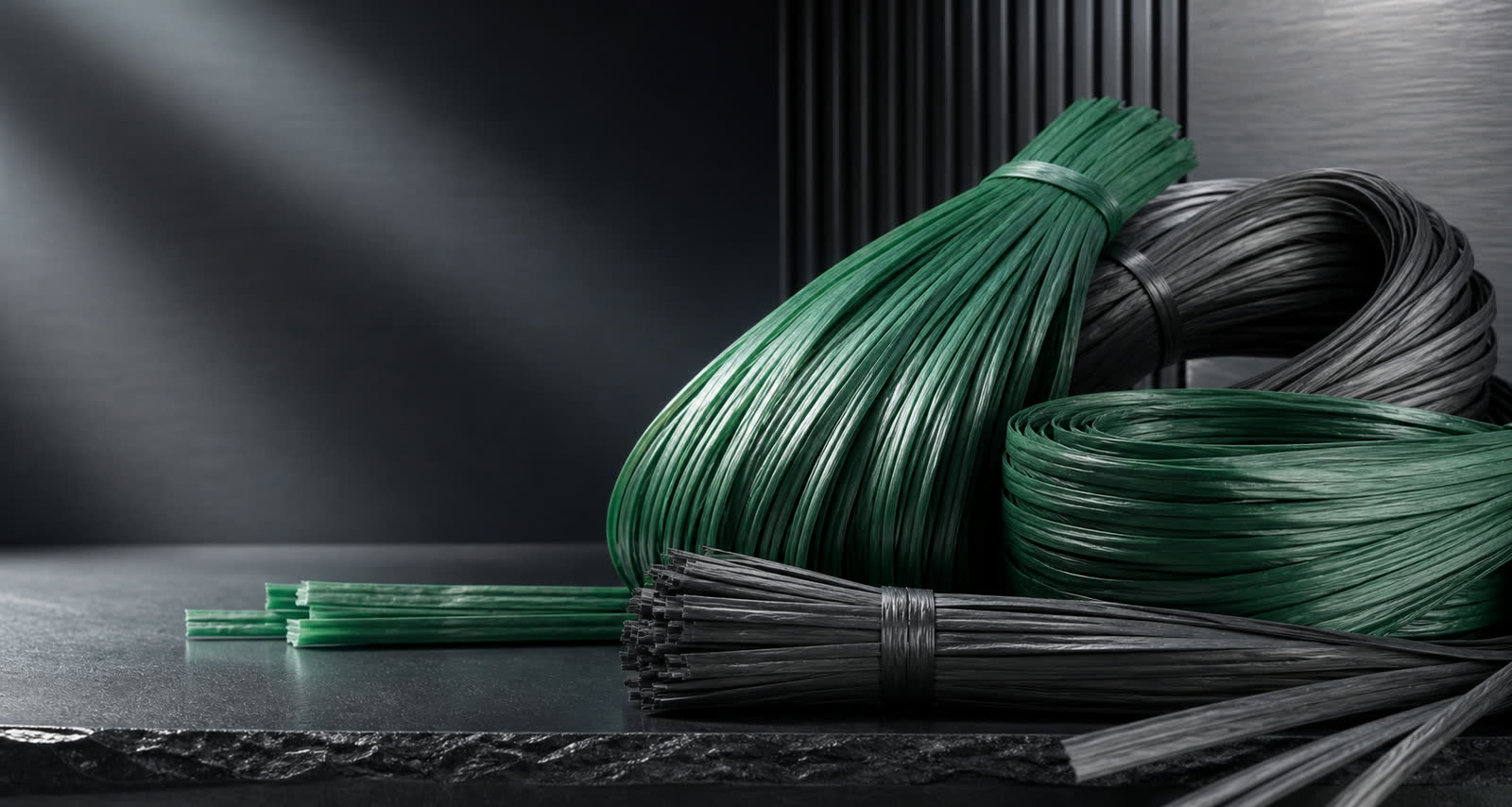 Styled presentation of green and black plastic tying materials