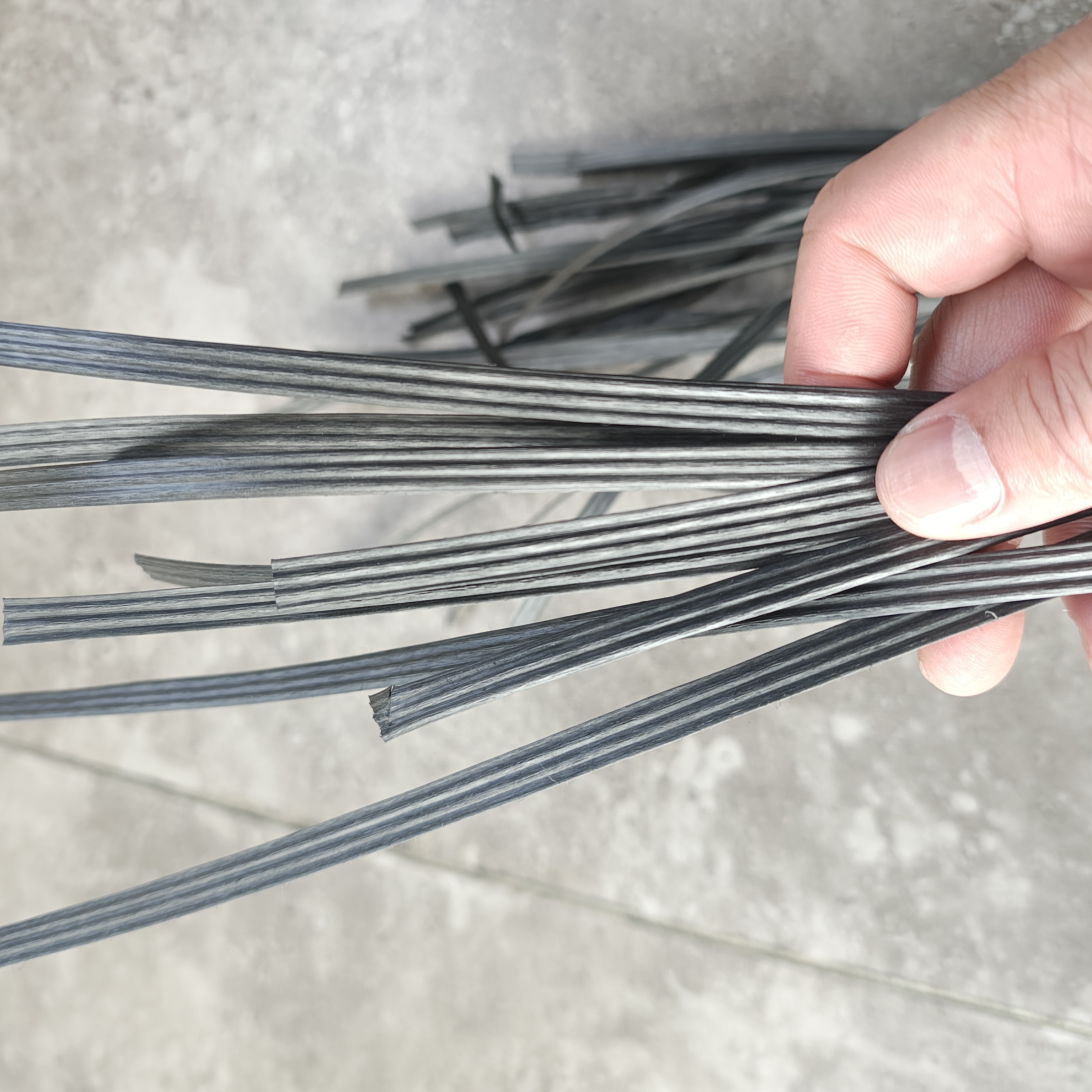 Close-up of gray plastic tying material
