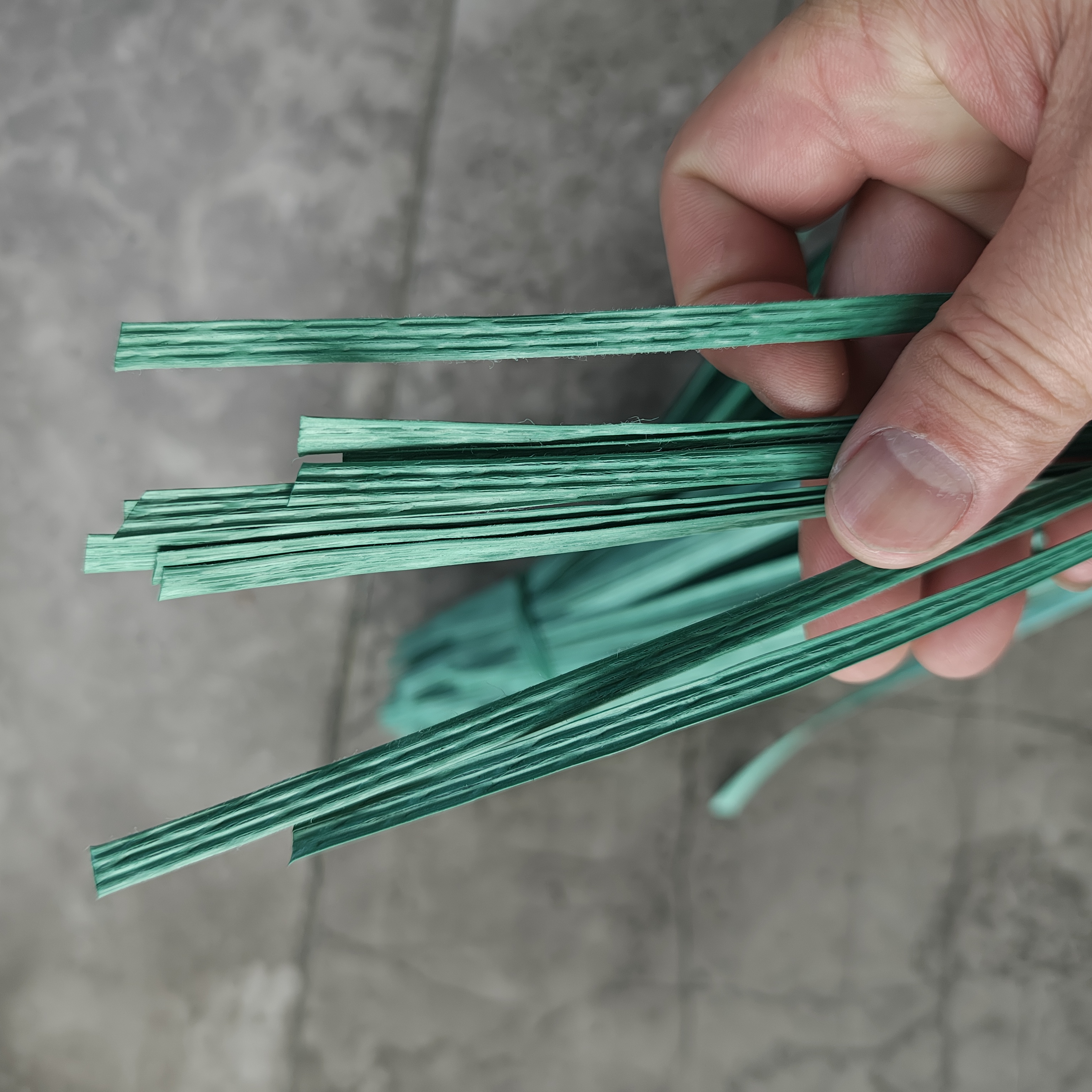 Close-up of green plastic tying material