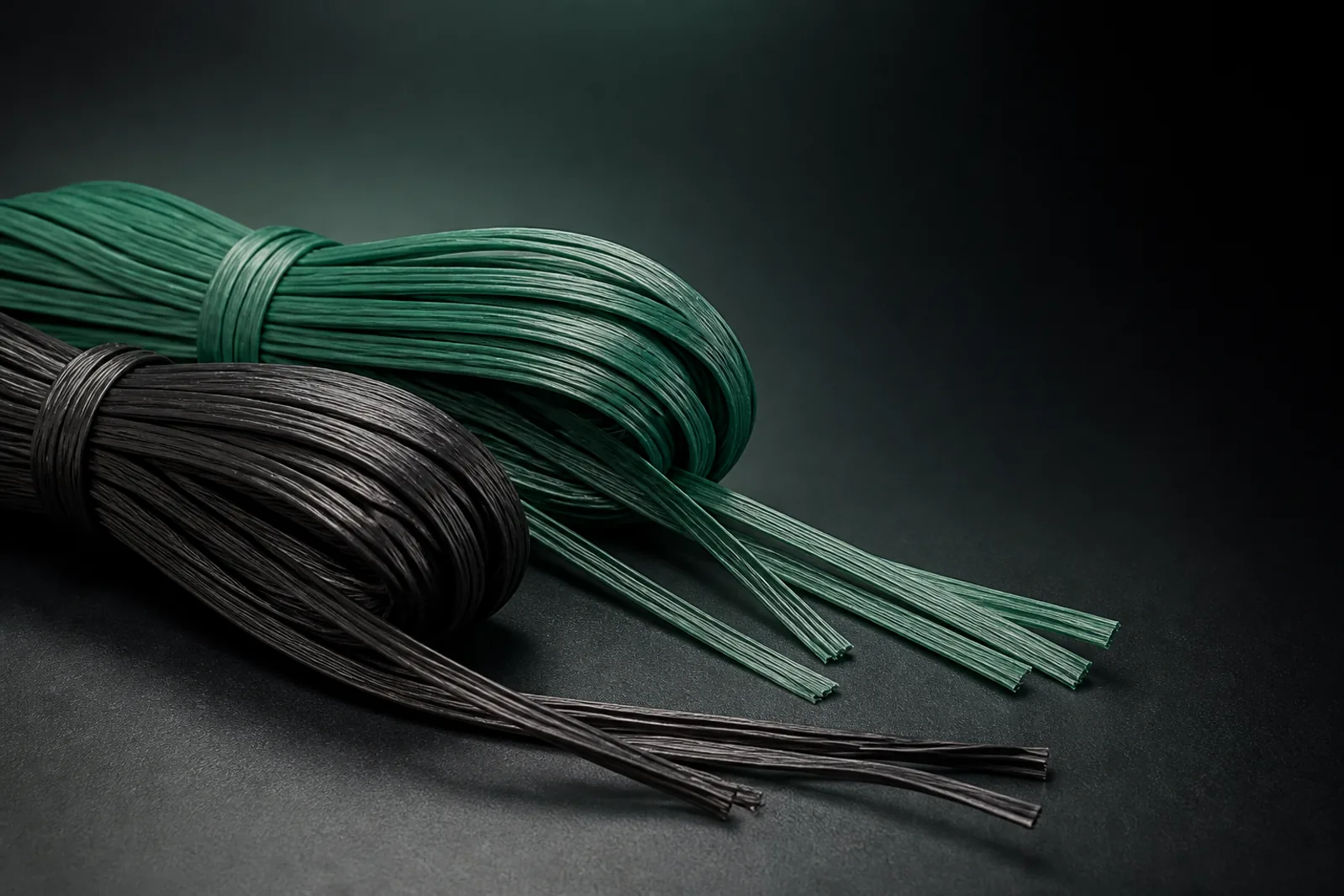 Green and black multi-strand plastic tying material