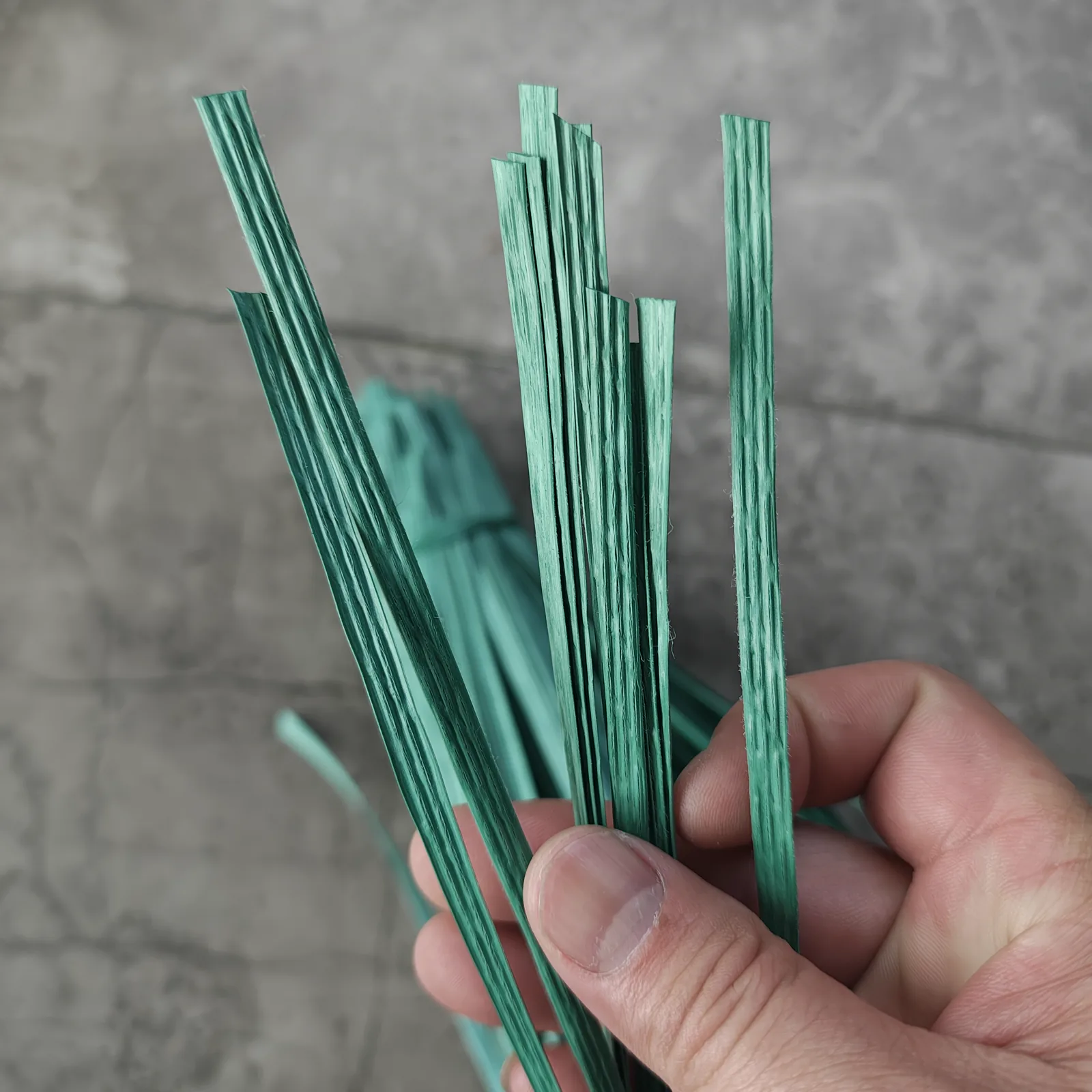 Close-up of green multi-strand plastic tying material